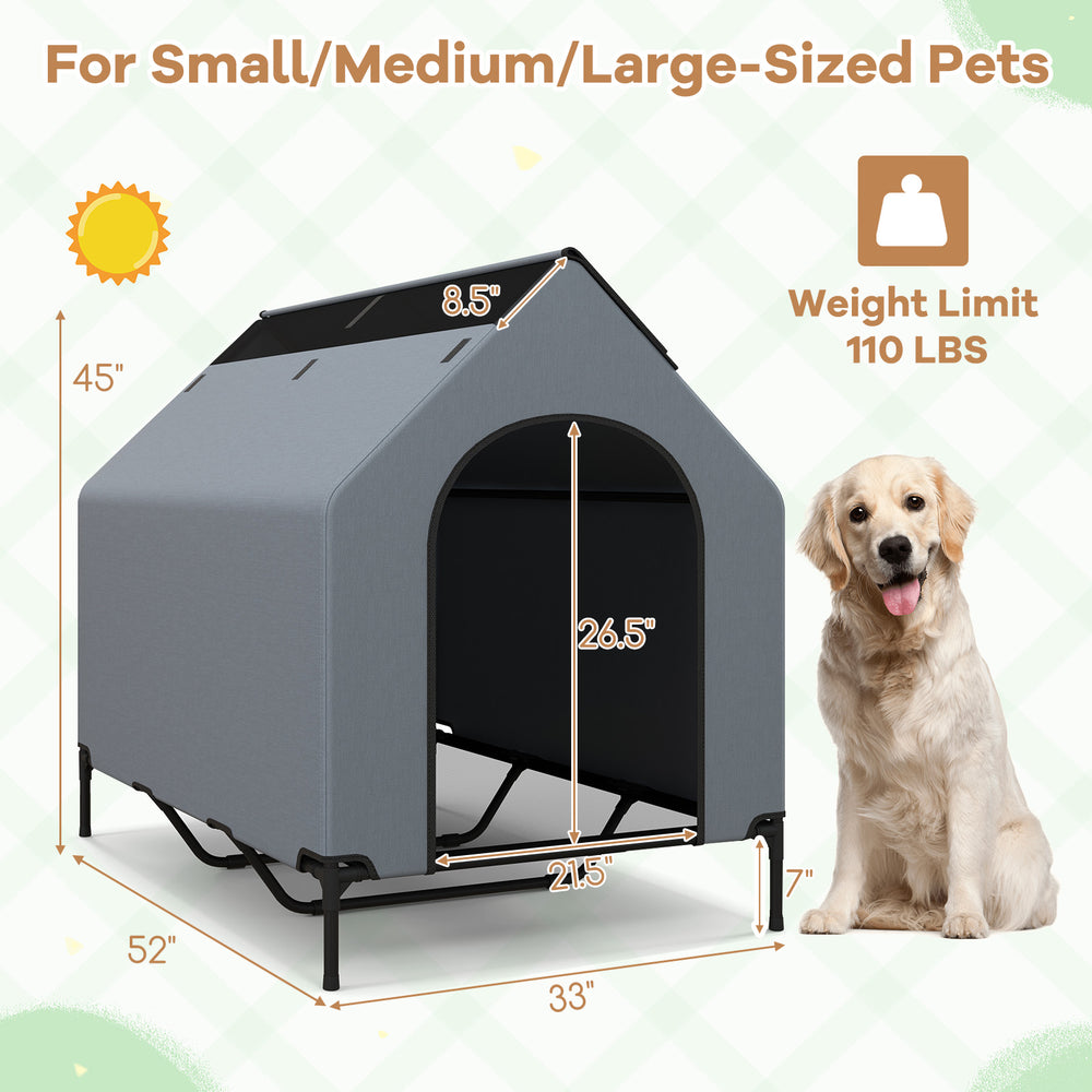 Elevated outdoor pet house with waterproof canopy, ventilated windows, and sturdy metal frame for small to large pets.