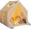 Large beige kids play tent with star lights and colorful flags, perfect for indoor fun and cozy playtime.