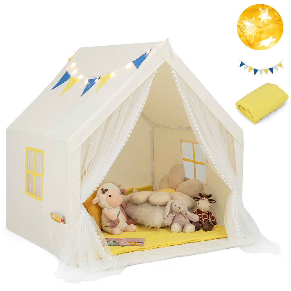 Large beige kids play tent with star lights and colorful flags, includes padded mat for comfortable playtime.