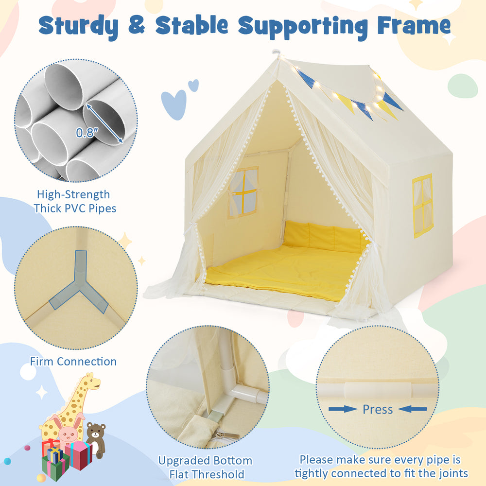 Large beige kids play tent with a washable cotton mat, PVC frame, and decorative lights for indoor fun.