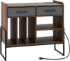 Large record player stand in rustic brown with charging station, adjustable shelves, and two removable fabric drawers.