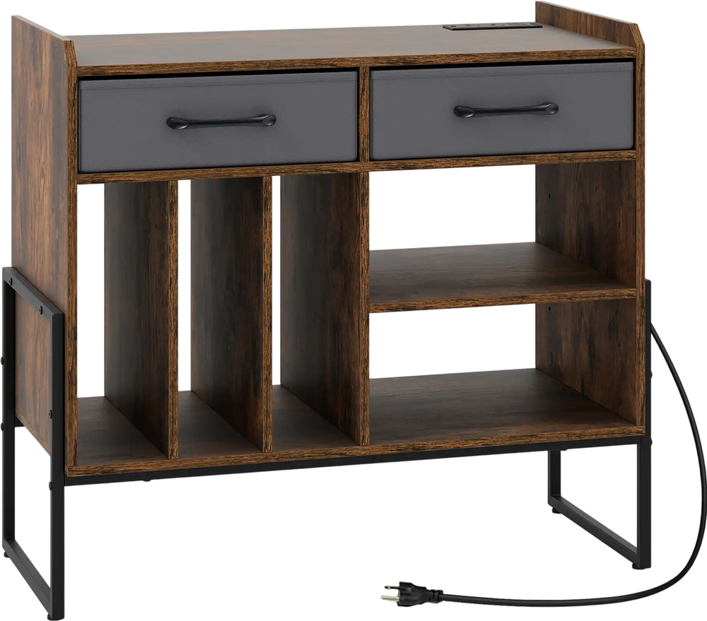 Large record player stand in rustic brown with charging station, adjustable shelves, and two removable fabric drawers.