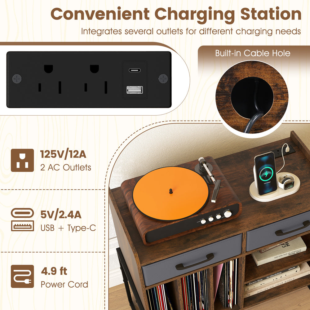 Large record player stand in rustic brown featuring a convenient charging station and adjustable shelves for vinyl.