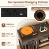 Large record player stand in rustic brown featuring a convenient charging station and adjustable shelves for vinyl.