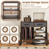 Large record player stand in rustic brown with adjustable shelves and charging station, ideal for vinyl records and.