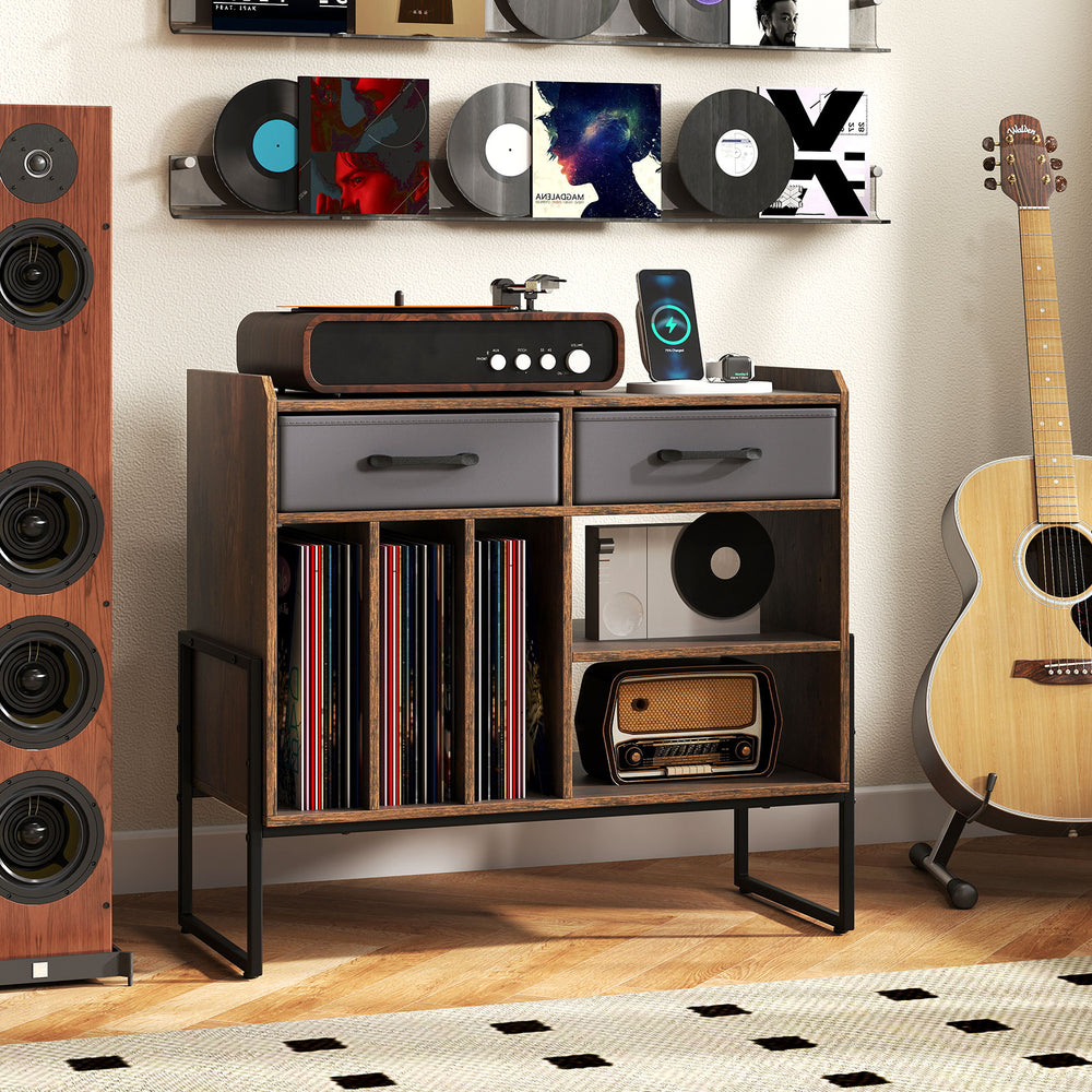 Large Record Player Stand with Charging Station Mid Century Modern Vinyl Storage Cabinet-Rustic Brown - Gallery View 1 of 10