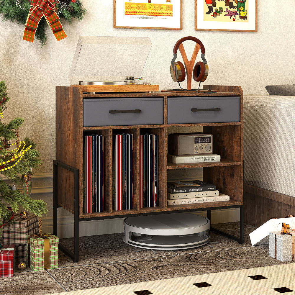 Large record player stand in rustic brown showcasing open storage space for vinyl records and audio equipment.