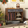 Large record player stand in rustic brown showcasing open storage space for vinyl records and audio equipment.