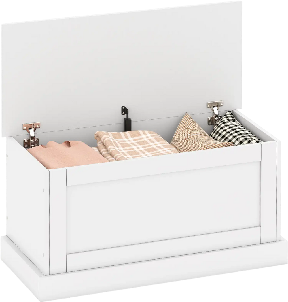Large off-white storage chest with safety metal hinge, showcasing blankets and organized items for clutter-free living.