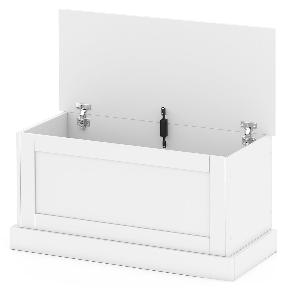 Large off-white storage chest with safety metal hinge, offering ample storage and a smooth, waterproof surface for easy.