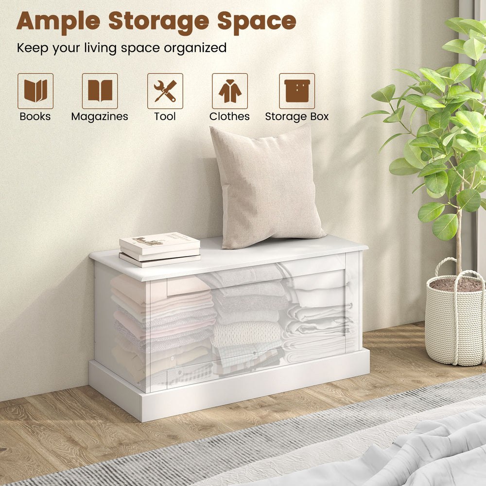 Large off-white storage chest with safety metal hinge, ideal for organizing books, clothes, and tools in any space.