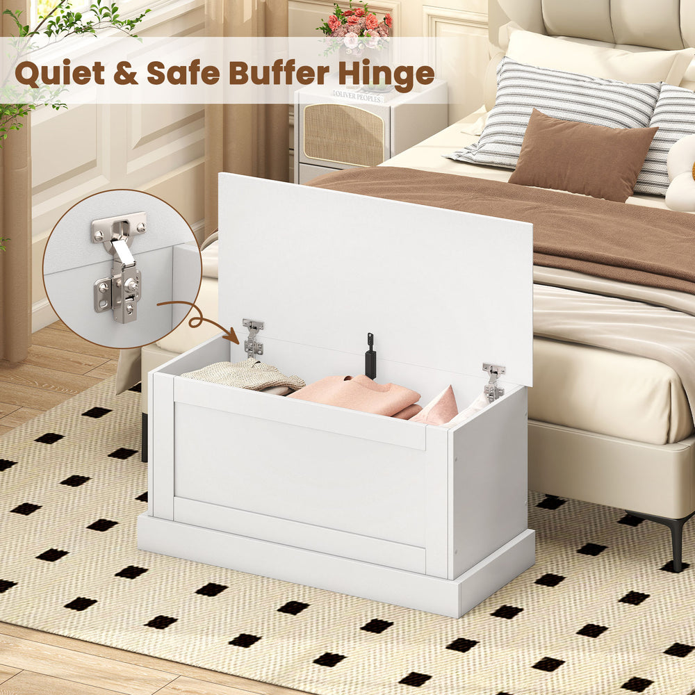 Large off-white storage chest with safety metal hinge, ideal for organizing clothes and maintaining a clutter-free.