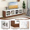 Large TV stand with 4 tempered glass doors, suitable for TVs up to 75 inches, featuring a stable base and easy-to-clean.