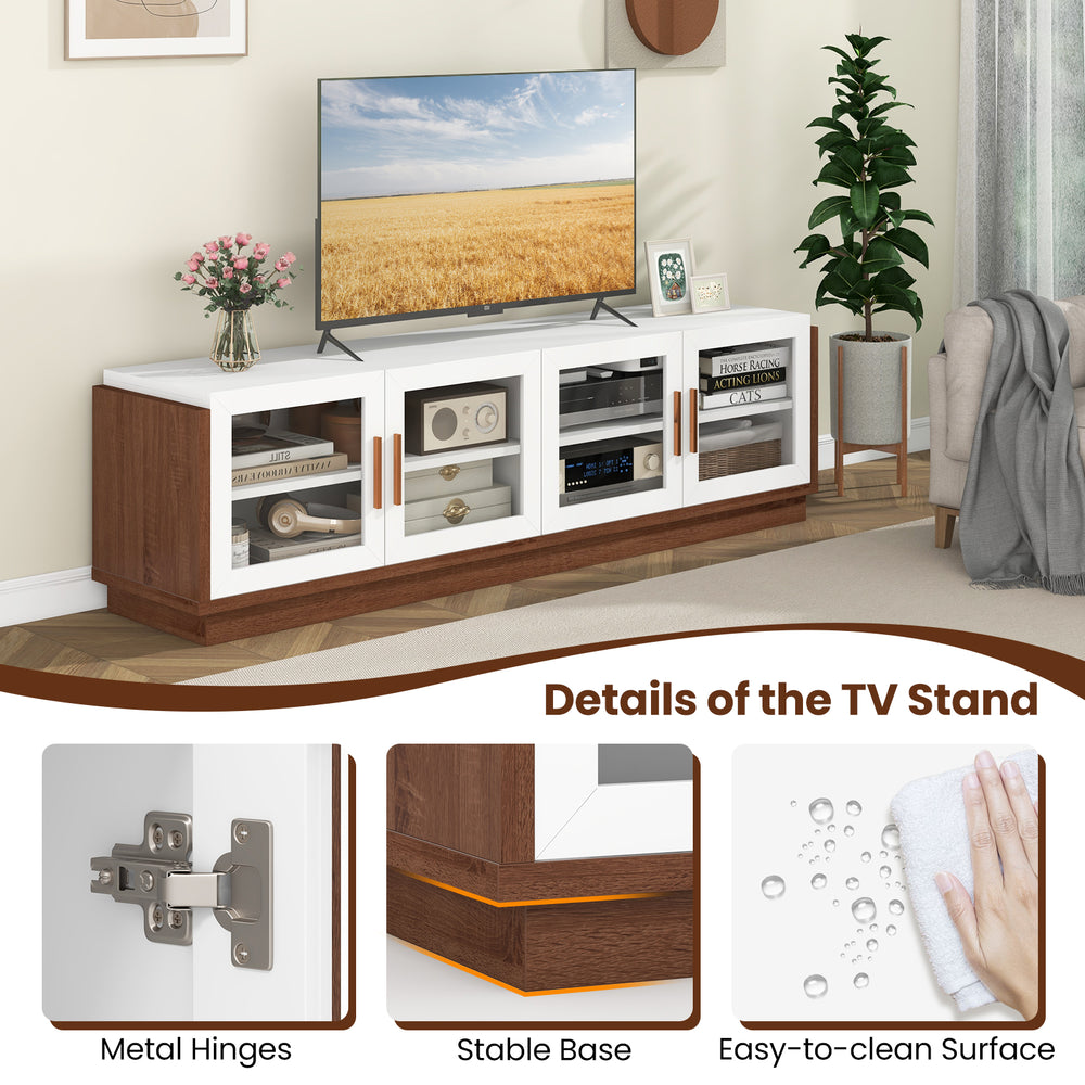 Large TV stand with 4 tempered glass doors, suitable for TVs up to 75 inches, featuring a stable base and easy-to-clean.