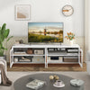 Large TV stand with tempered glass doors, suitable for TVs up to 75 inches, offering ample storage for living room use.