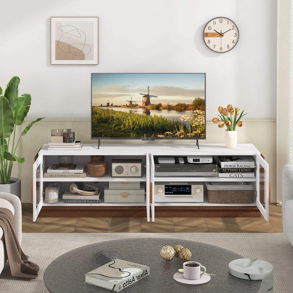 Large TV stand with tempered glass doors, suitable for TVs up to 75 inches, offering ample storage for living room use.