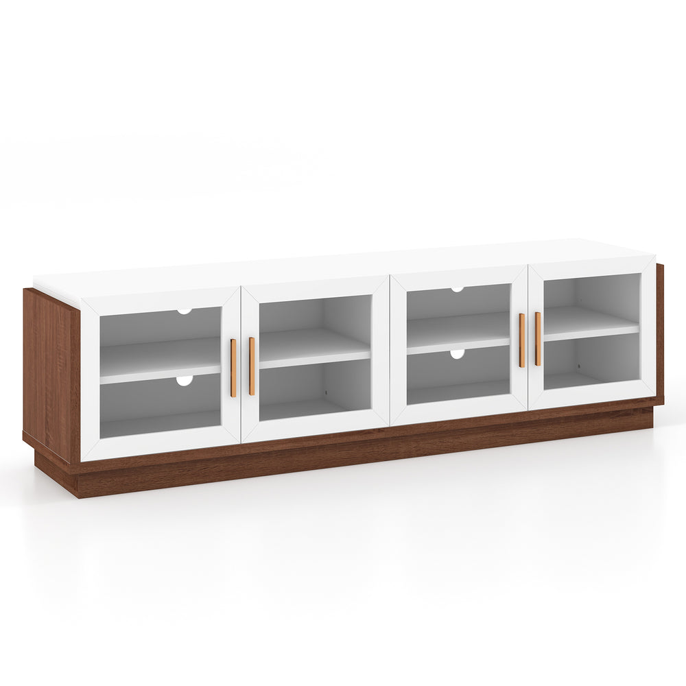 Large TV stand with 4 tempered glass doors, suitable for TVs up to 75 inches, featuring spacious storage for living.