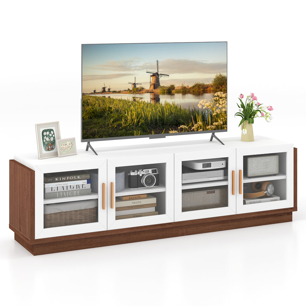Large TV stand with 4 tempered glass doors, suitable for TVs up to 75 inches, providing versatile storage for living.