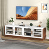 Large TV stand with 4 tempered glass doors, suitable for TVs up to 75 inches, ideal for living room storage.