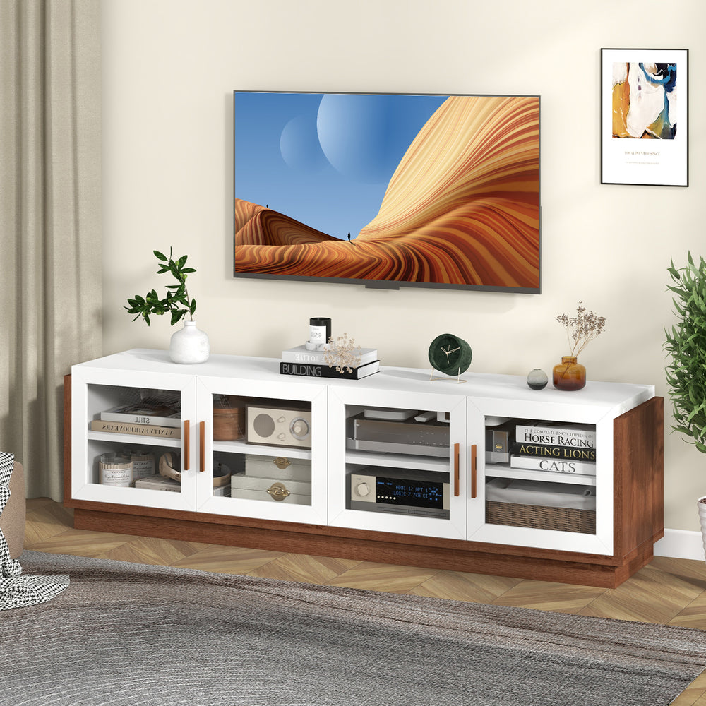 Large TV stand with 4 tempered glass doors, suitable for TVs up to 75 inches, ideal for living room storage.