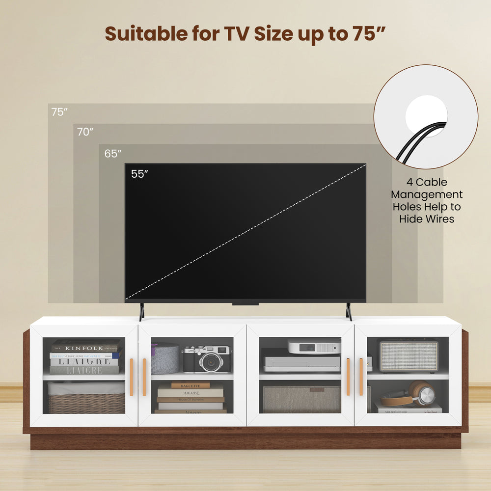 Large TV stand for TVs up to 75 inches with 4 tempered glass doors and cable management, ideal for living room storage.