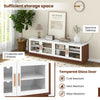 Large TV stand with 4 tempered glass doors, spacious tabletop for TVs up to 75 inches, and 2 cabinets for storage.
