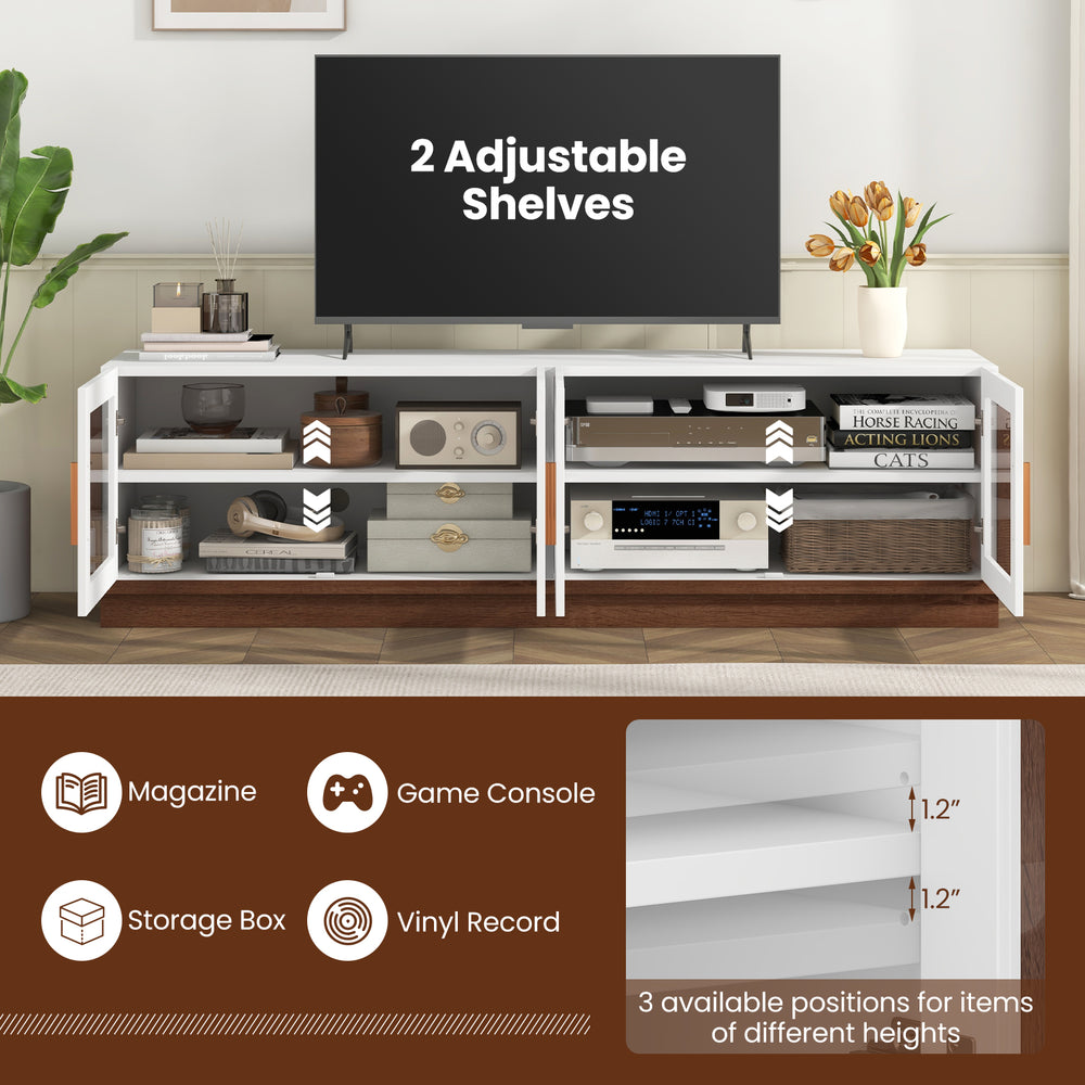 Large TV stand with 4 tempered glass doors, featuring 2 adjustable shelves for versatile storage in living room.