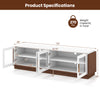 Large TV stand with 4 tempered glass doors, suitable for TVs up to 75 inches, featuring adjustable shelves and cable.