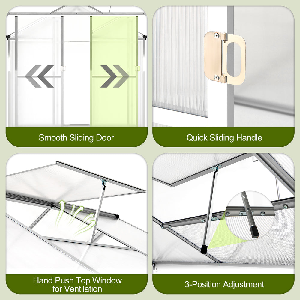 Sliding door and adjustable roof vent of the large walk-in greenhouse with polycarbonate panels for optimal plant care.