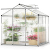 Large walk-in greenhouse with polycarbonate panels, featuring rain gutters and a roof vent for optimal plant growth.
