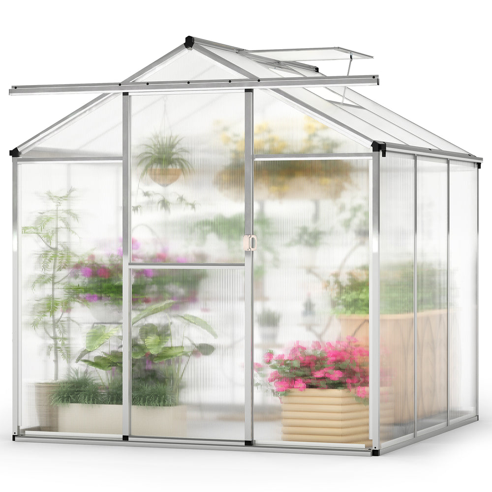 Large walk-in greenhouse with polycarbonate panels, featuring rain gutters and a roof vent for optimal plant growth.
