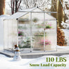 Large walk-in greenhouse with polycarbonate panels, featuring rain gutters and a snow load capacity of 110 lbs for.