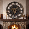 Large 27" gear wall clock with world map design in brown, featuring a robust metal frame for stylish home decor.
