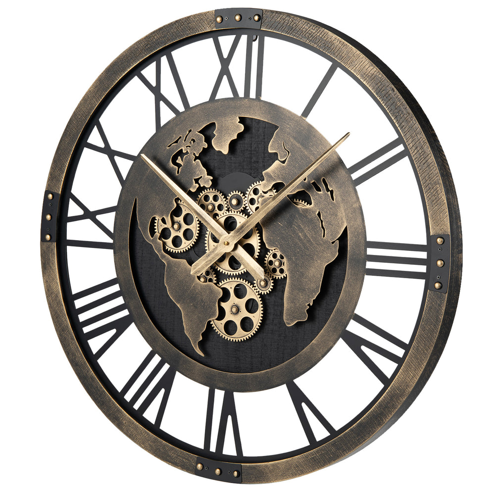 Large 27" gear wall clock with world map design in brown, featuring a robust metal frame and easy-to-read hands.