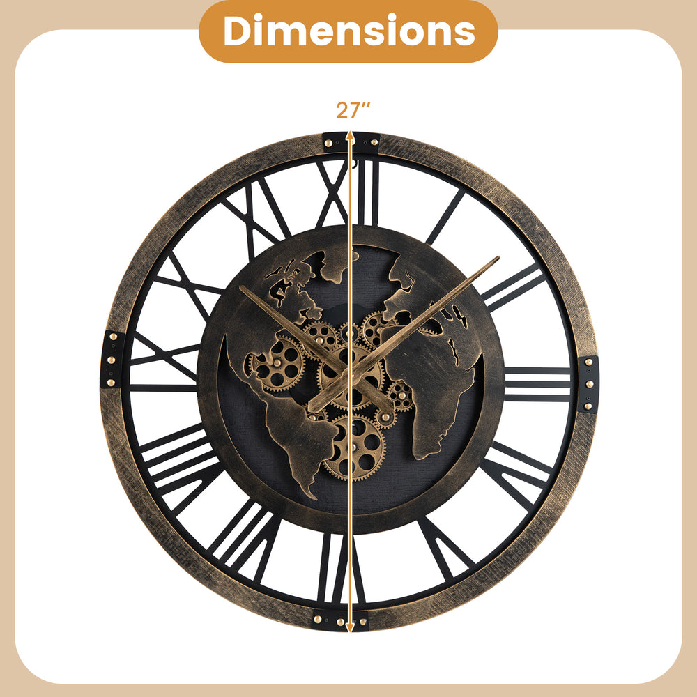 Large 27" gear wall clock with world map design in brown, featuring a robust metal frame and non-ticking quartz.