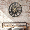 Large 27" gear wall clock with world map design in brown, showcasing delicate hands for easy time reading and smooth.