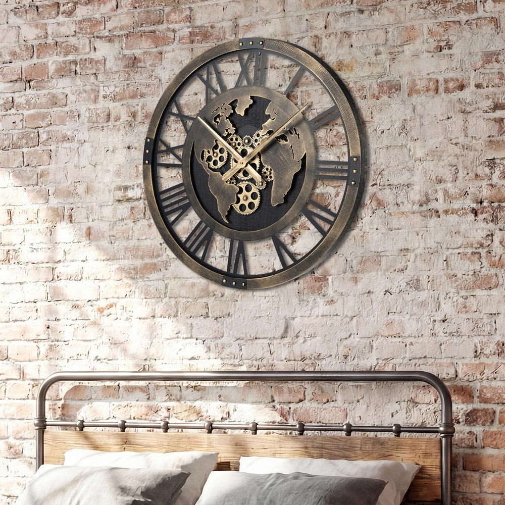 Large 27" gear wall clock with world map design in brown, showcasing delicate hands for easy time reading and smooth.