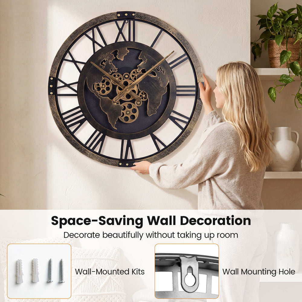 Large 27" gear wall clock with world map design, featuring a robust metal frame for space-saving wall decoration.