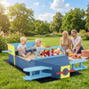 Large blue wooden kids sandbox with bench seat and colorful design, perfect for imaginative outdoor play in the.