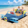 Large wooden kids sandbox in airplane design with bench seat, perfect for imaginative play on the beach or backyard.