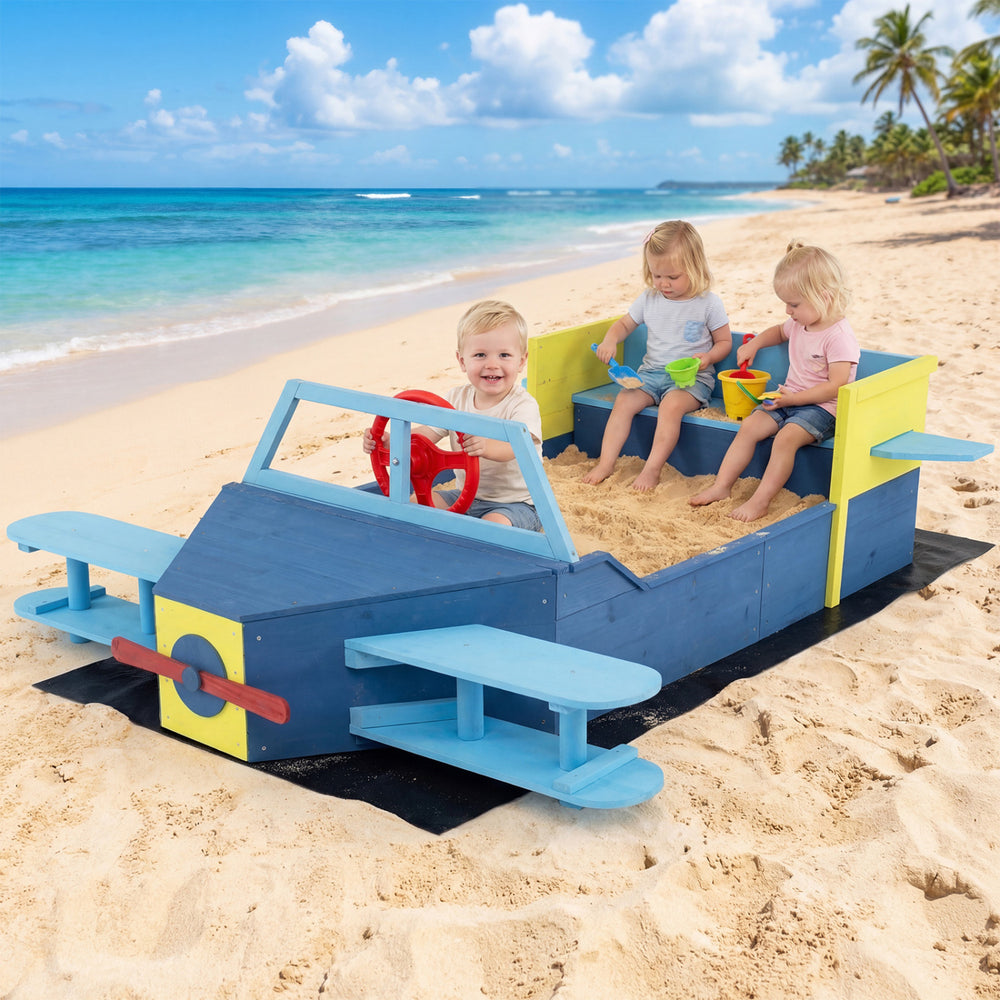 Large wooden kids sandbox in airplane design with bench seat, perfect for imaginative play on the beach or backyard.