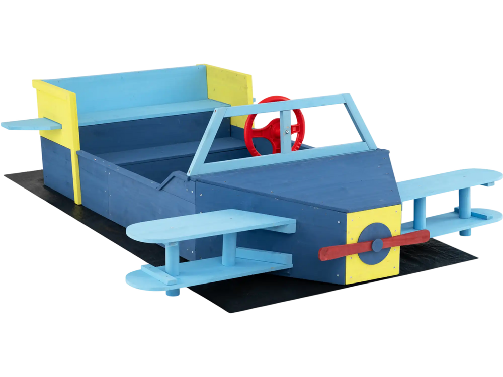 Large blue wooden kids sandbox with a steering wheel, adjustable sand depth, and colorful propeller for imaginative.