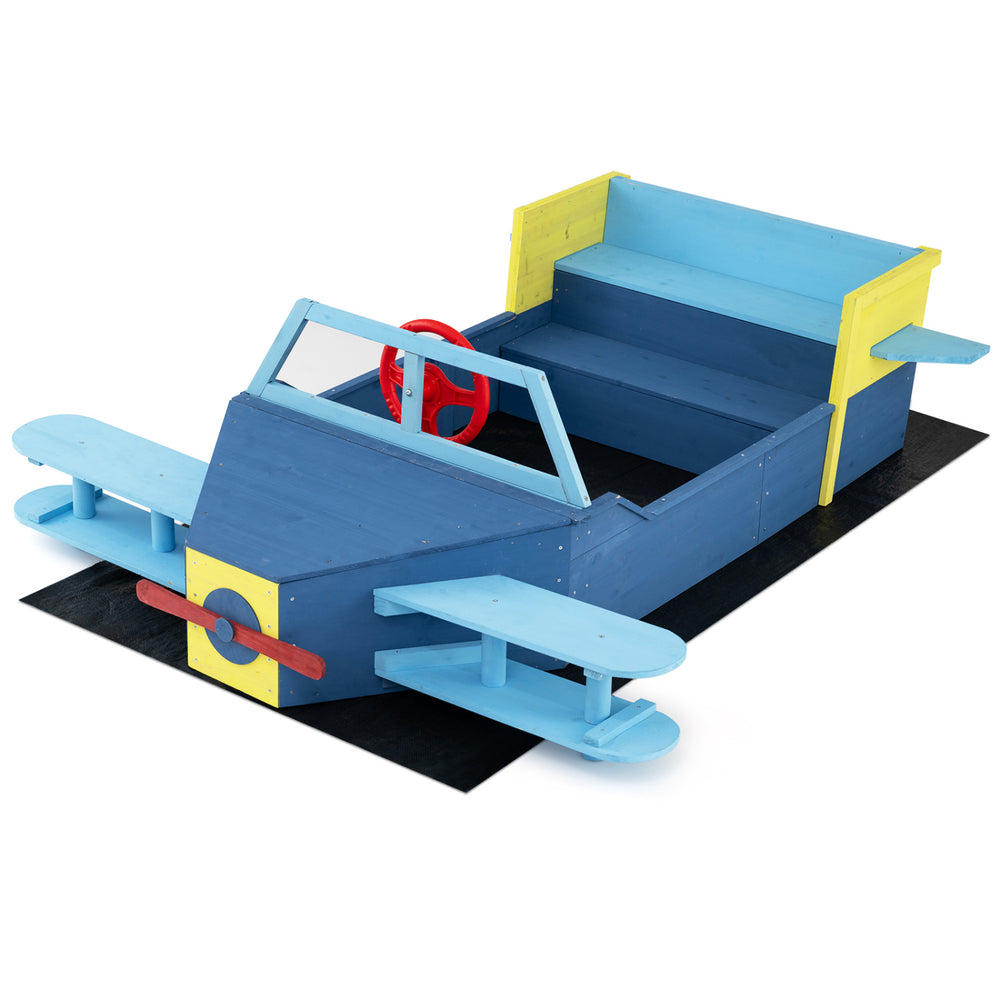 Colorful large wooden kids sandbox in airplane design with bench seat, ideal for imaginative play in backyard or beach.