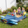 Colorful large wooden kids sandbox in airplane shape with bench seat, ideal for outdoor imaginative play and sensory.