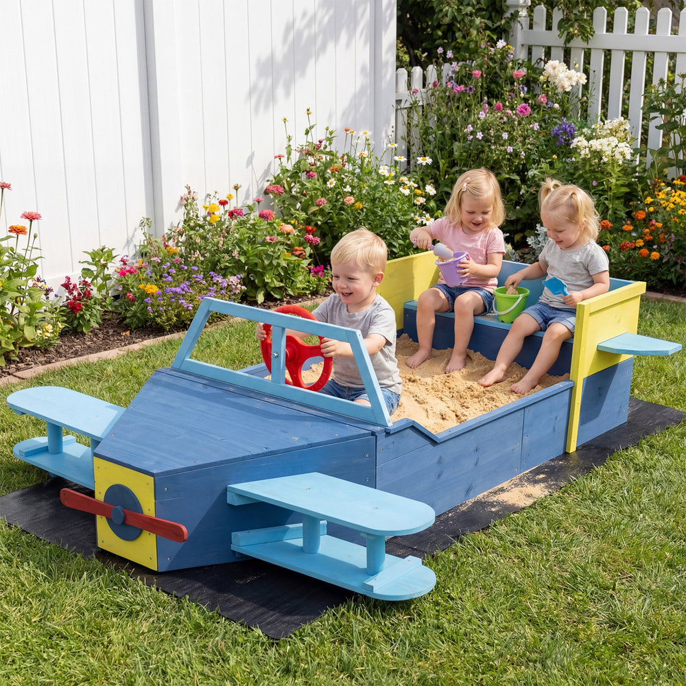 Colorful large wooden kids sandbox in airplane shape with bench seat, ideal for outdoor imaginative play and sensory.