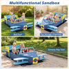 Large blue wooden kids sandbox with bench seat, featuring a ball pool and sensory play tool for outdoor fun.
