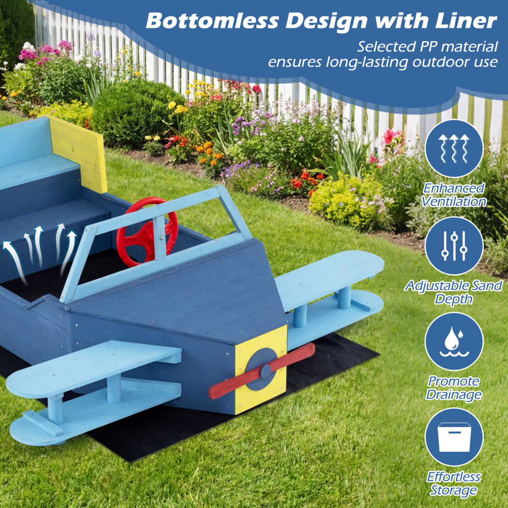 Large blue wooden kids sandbox with bottom liner, adjustable sand depth, and bench seat for outdoor imaginative play.