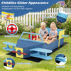 Large wooden kids sandbox in blue with spacious seat, rotatable rudder, and colorful propeller for imaginative play.