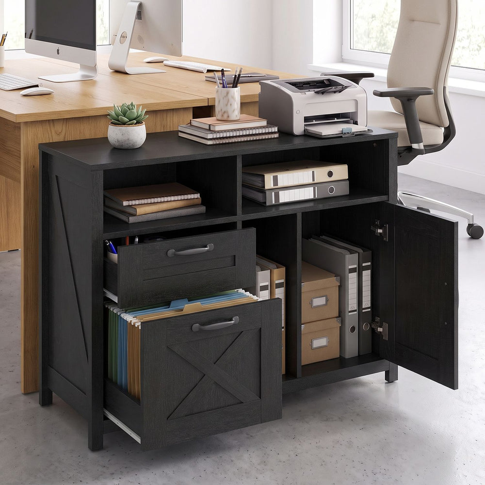 Lateral File Cabinet with 2 Drawers and Single-Door Cabinet for Letter/A4-Black - Gallery View 1 of 12