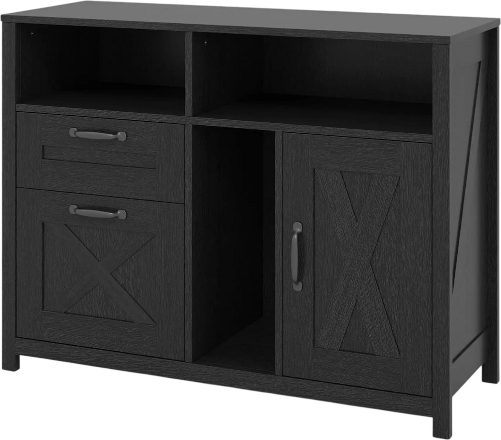 Lateral file cabinet in black with 2 drawers, a single-door cabinet, and 3 compartments for versatile storage solutions.